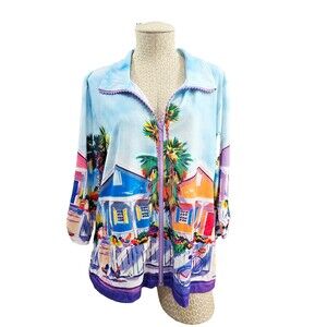 Ellen Negley LP Tropical Rhinestone Zip Up Jacket Sweatshirt Tunic Art EUC‎